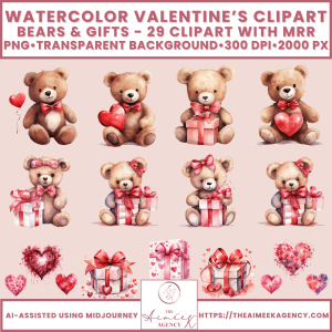 Watercolor Valentine's Love Bears and Gifts Clipart Pack