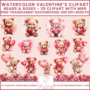 Watercolor Valentine's Bears and Roses Clipart Pack