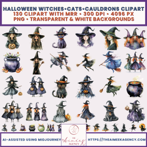 Halloween Witches + Cats + Cauldrons Watercolor Clipart Pack