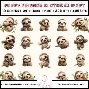Furry Friends Sloths Clipart Pack- MRR