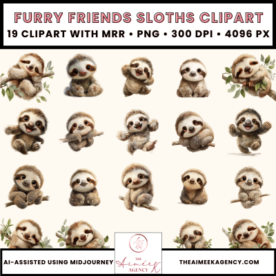 Furry Friends Sloths Clipart Pack- MRR