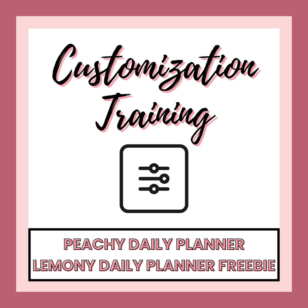 Graphic advertisement for customizable daily planner digital training with options for peachy and lemony planner designs.