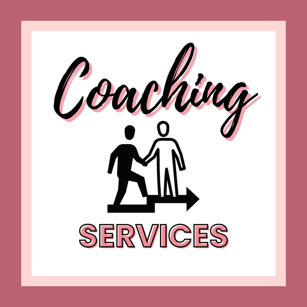 Graphic for coaching services featuring two silhouetted figures on an upward arrow, with one helping the other ascend, surrounded by the text "coaching services" in black and pink, designed as a
