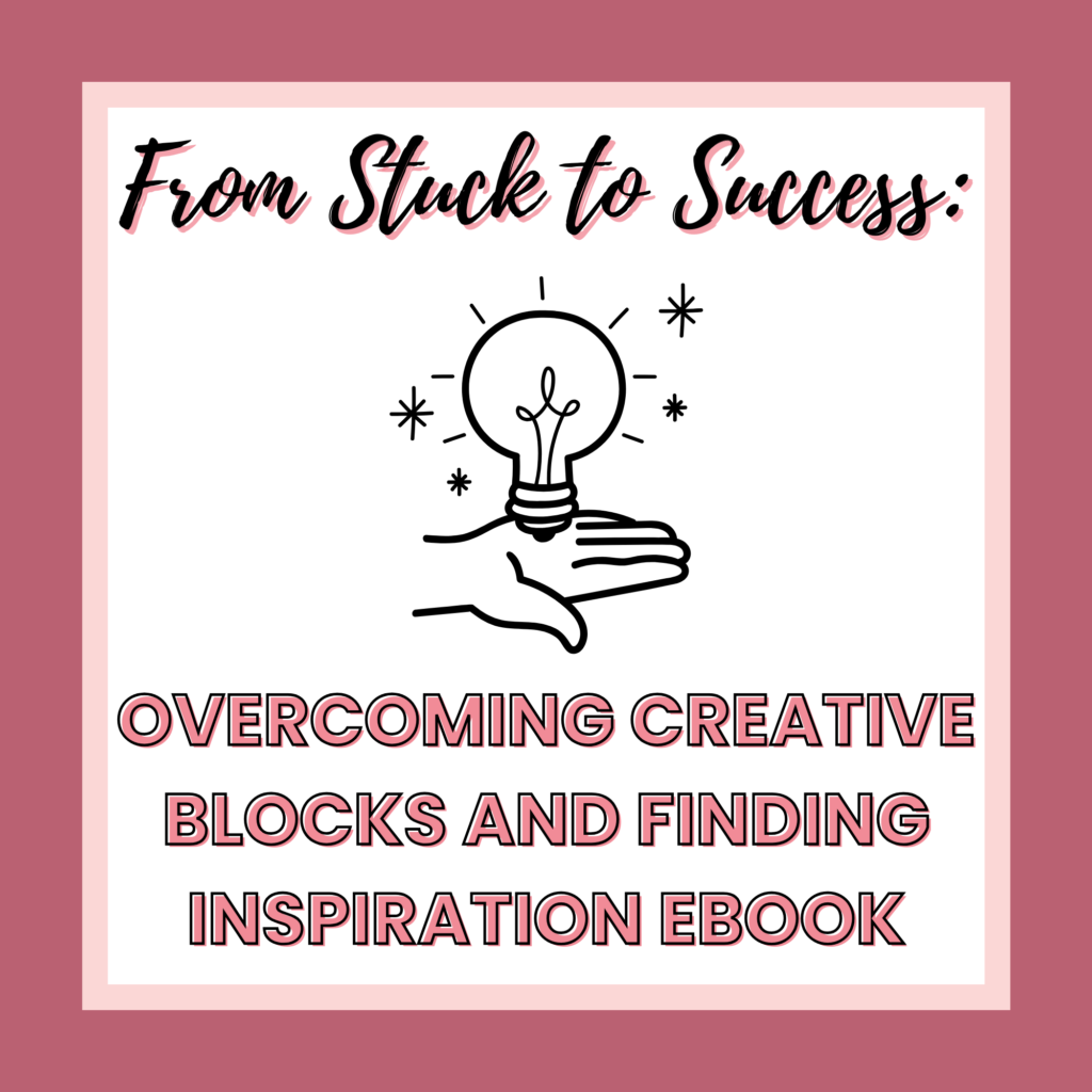 Graphic promoting an ebook titled "From Stuck to Success: Overcoming Creative Blocks and Finding Inspiration" featuring an illustration of a lightbulb on a hand, ideal for digital training on creative strategies.