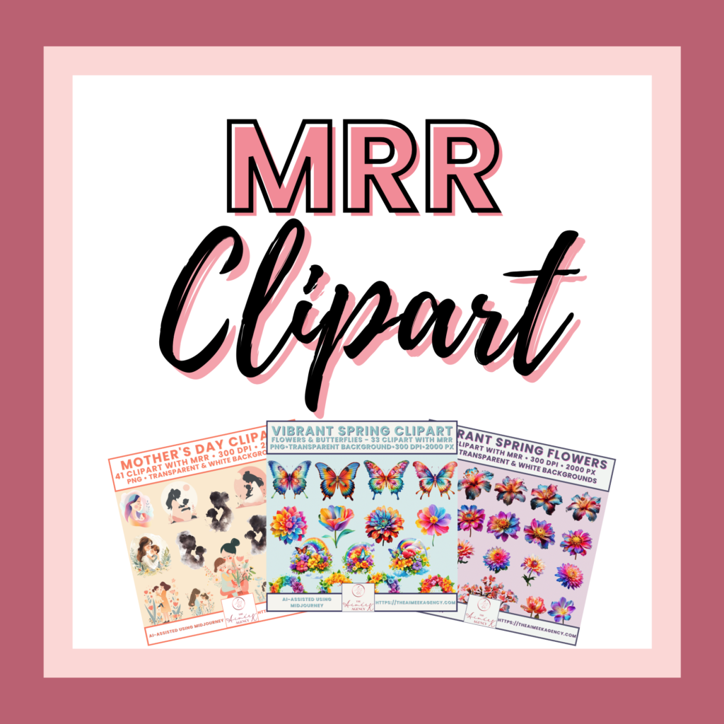 Promotional graphic for "mrr clipart," featuring text overlays and examples of mother's day and vibrant spring flower clipart collections for commercial use printable.