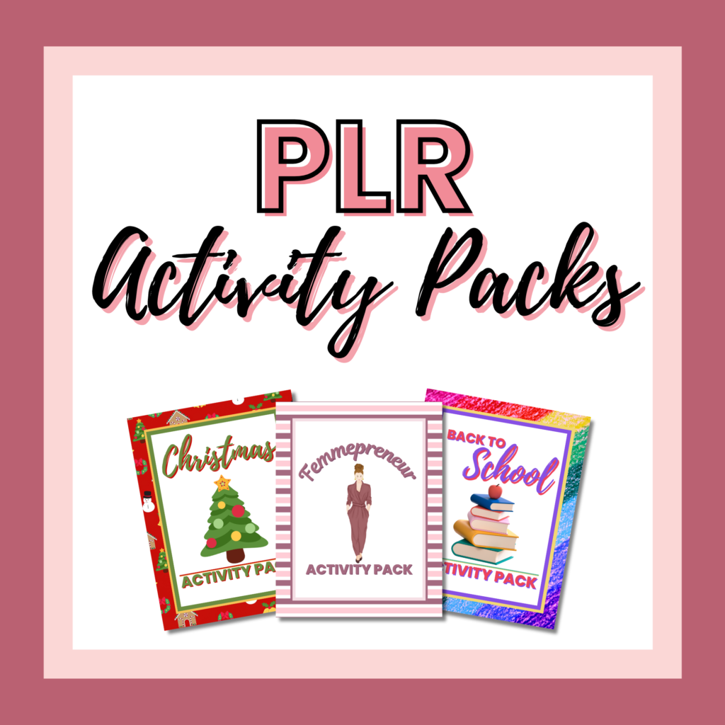 Promotional graphic for PLR printable activity packs featuring three themed book covers: Christmas, entrepreneur, and back to school, displayed against a pink bordered background.