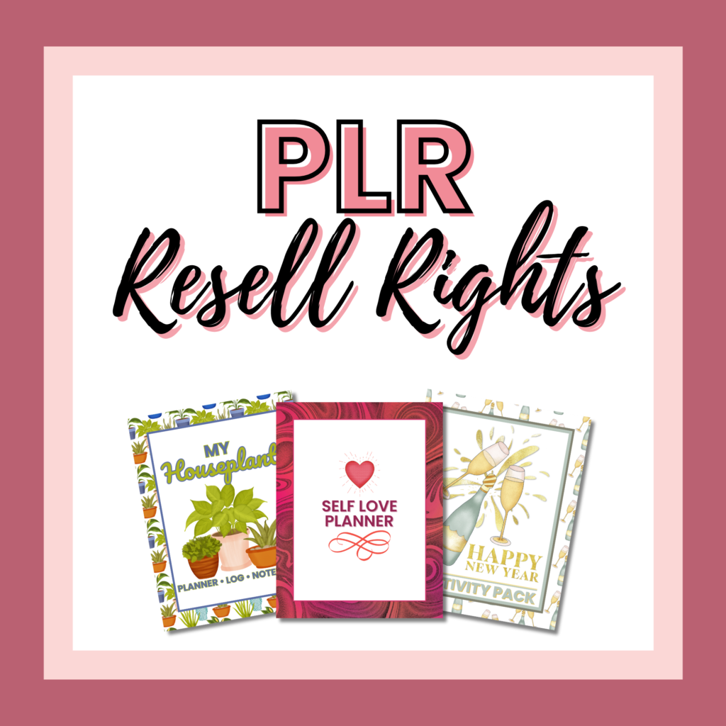 Graphic promoting PLR (private label rights) resell rights featuring images of three different themed printable planner covers: “my permaculture planner,” “self-love planner,” and “happy new year