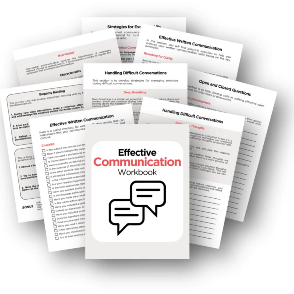 Image of multiple pages from an "Effective Communication Workbook" spread out in a circular pattern, featuring strategies, tips and exercises for improving communication skills.