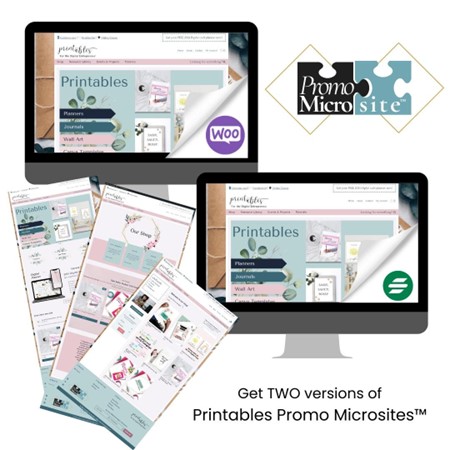 Printables Shop Promo Microsite™ Bundle is a shop site that can be used with either WooCommerce or Surecart for a one time payment of $149