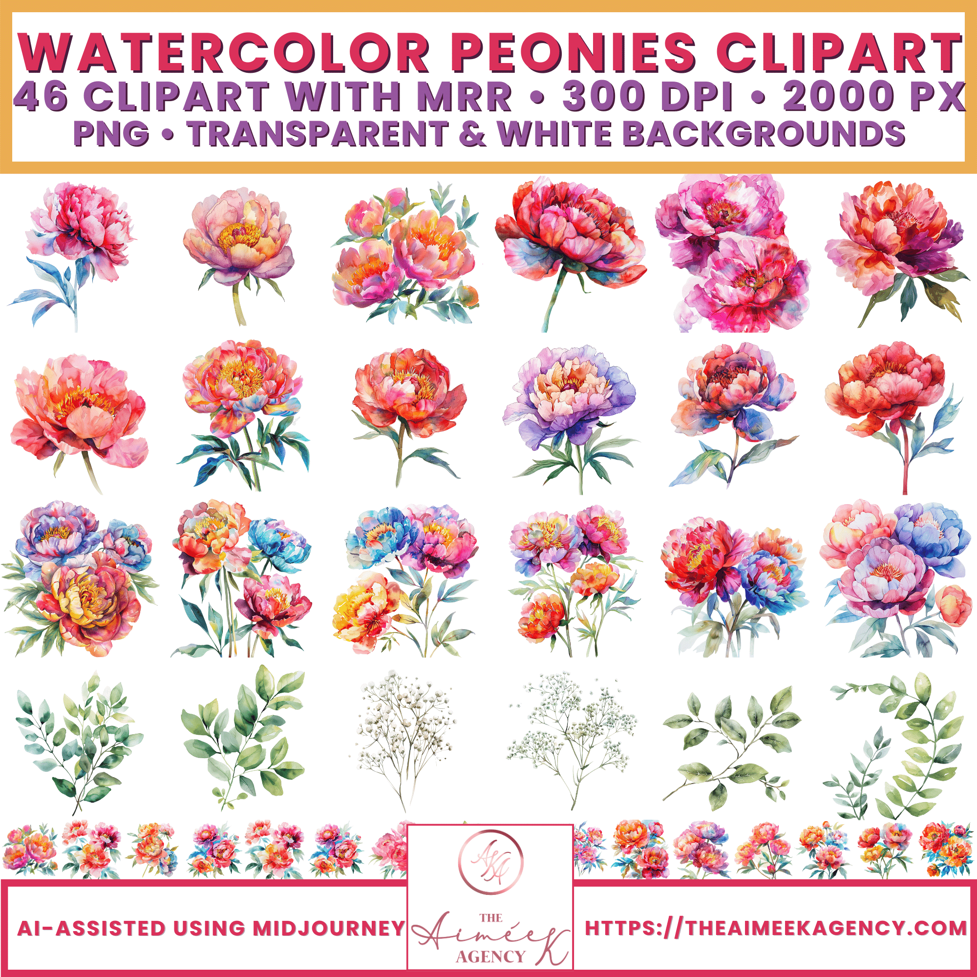 Collection of watercolor peonies clipart in various colors and arrangements, with text promoting digital art attributes and website links.