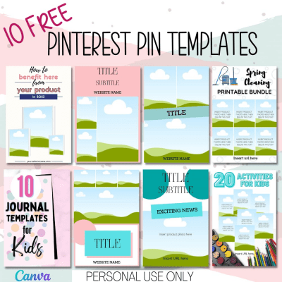 A collection of 10 free Pinterest pin templates for various uses. Templates include designs for product information, journal templates, spring cleaning printable bundle, and activity ideas for kids.