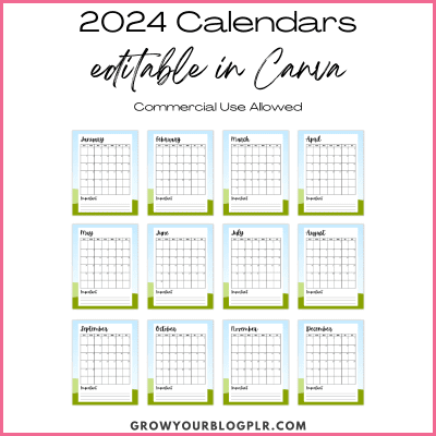 An image showing a collection of 2024 monthly calendars, editable in Canva, with commercial use allowed. Each month's calendar is displayed in a grid format.