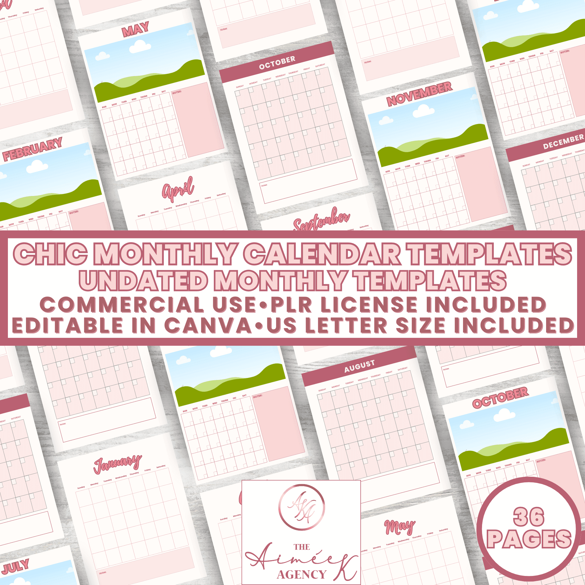 Image of chic monthly calendar templates with a title stating undated monthly templates. The templates are displayed horizontally with a pink, white, and green design. Editable in Canva and available in US Letter size.