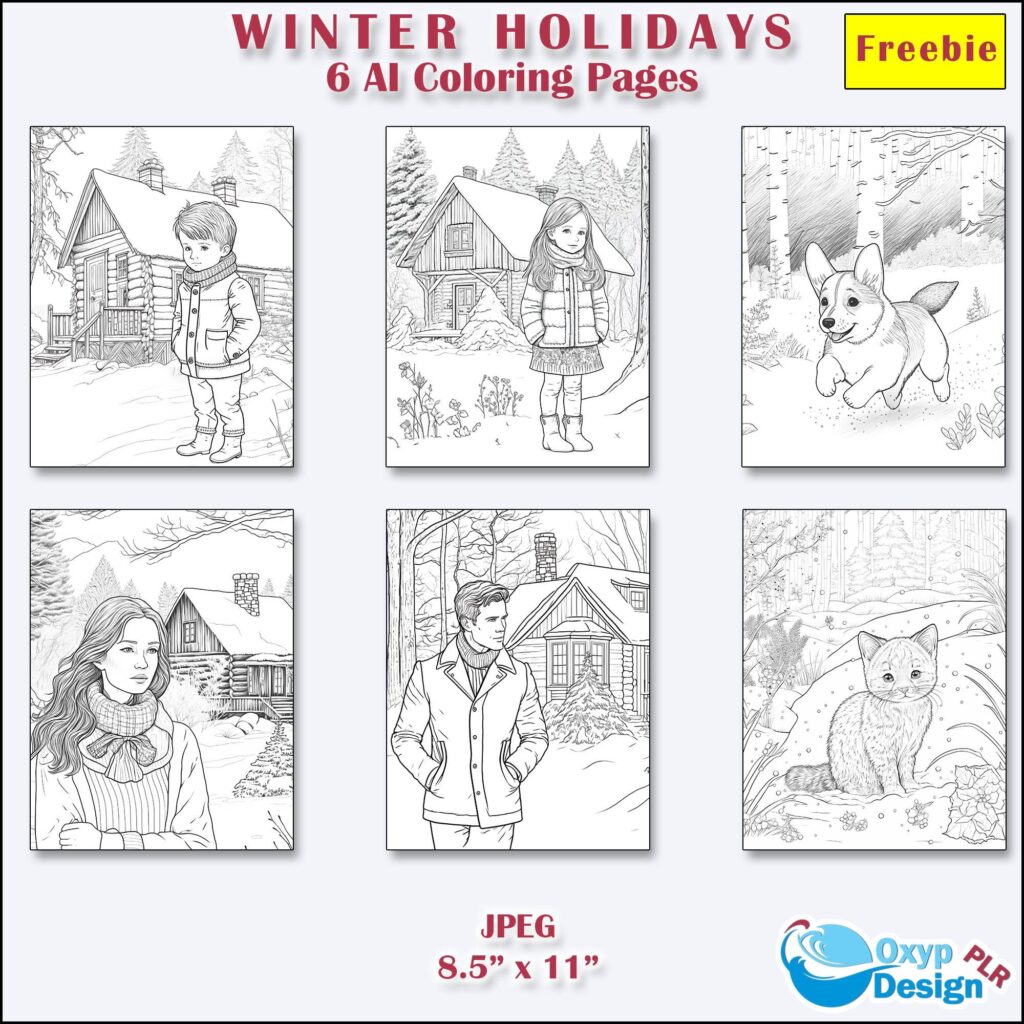 Free 6 WINTER HOLIDAYS AI TEEN/ADULT COLORING PAGES FROM OXYP DESIGN PLR​