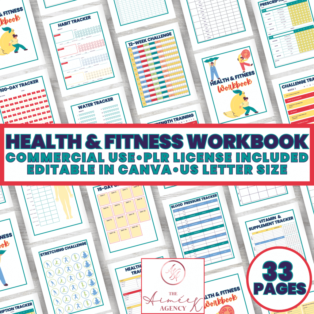 Image showing various pages of a Health & Fitness Workbook, with bullet points stating it includes a PLR license for commercial use, editable in Canva, US Letter size, and consists of 33 pages.