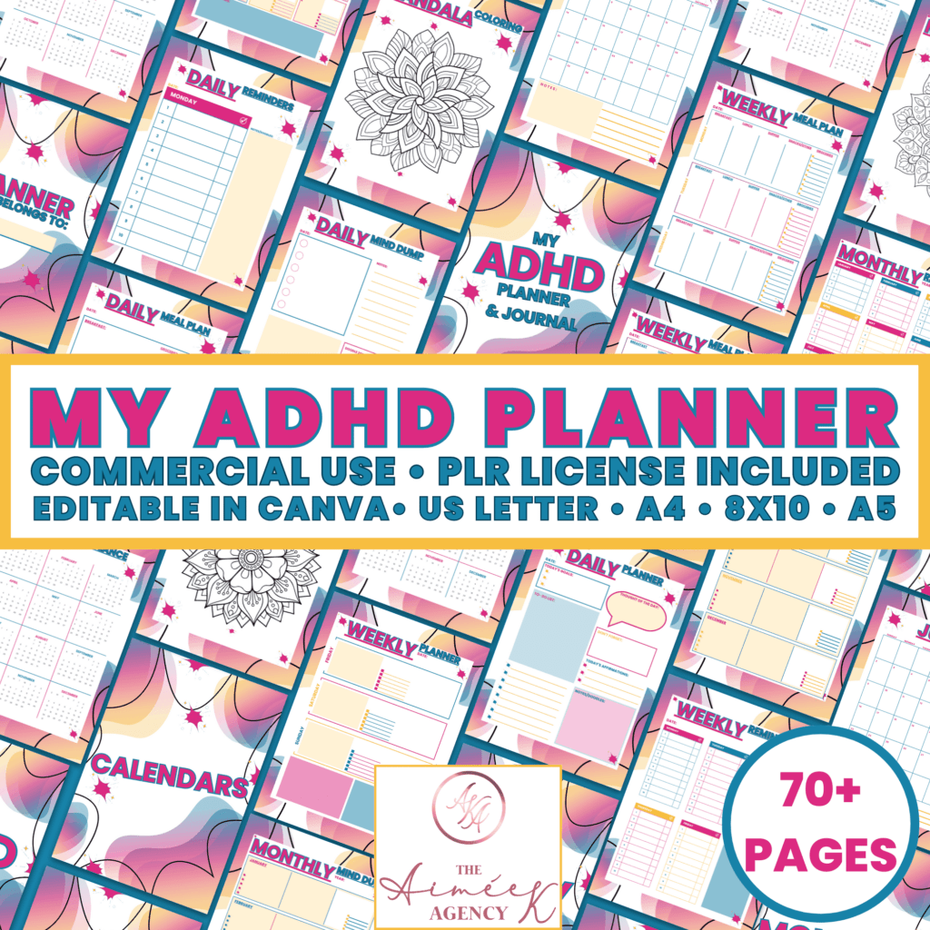 Image showing a cover for "My ADHD Planner & Journal" with multiple planner and journal page templates in the background. The planner is offered for commercial use with a PLR license and is editable in Canva.