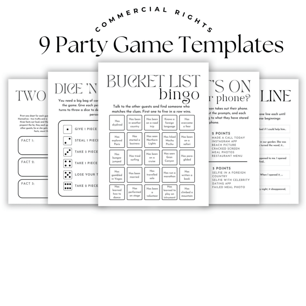 Five printable party game templates titled "9 Party Game Templates" displayed side-by-side. The games include "Two", "Dice Night", "Bucket List Bingo", "What's on Your Phone?", and "Hotline".