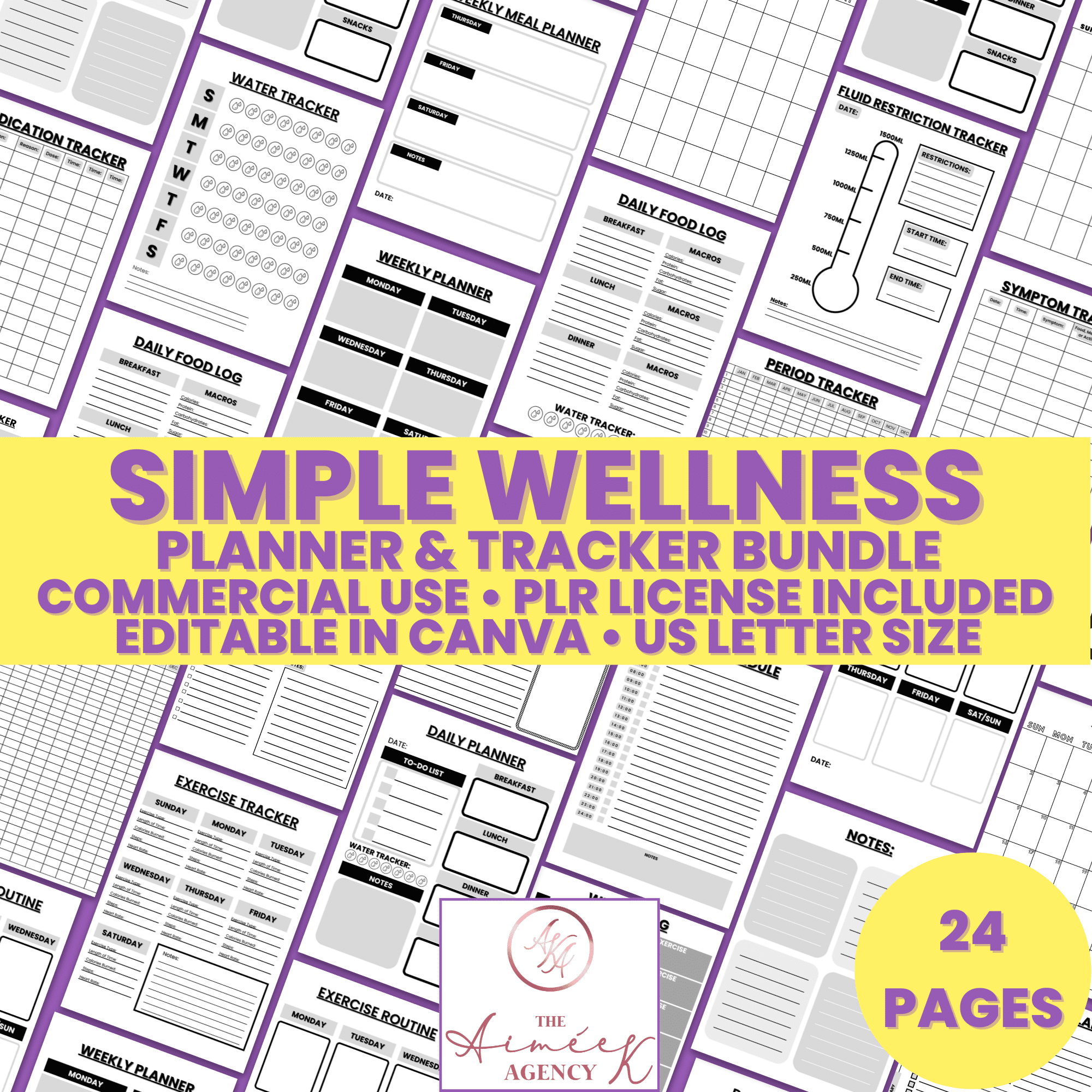 A collection of 24 wellness planner and tracker pages, commercially usable and editable in Canva, in US letter size. Features include meal trackers, exercise logs, habit trackers, and more.
