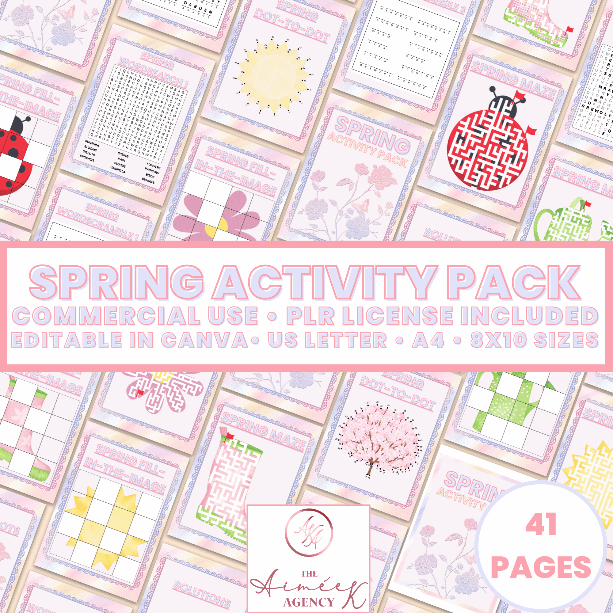 Spring Activity Pack with commercial use and PLR license included. Editable in Canva, available in US Letter, A4, and 8x10 sizes. 41 pages featuring various spring-themed activities.