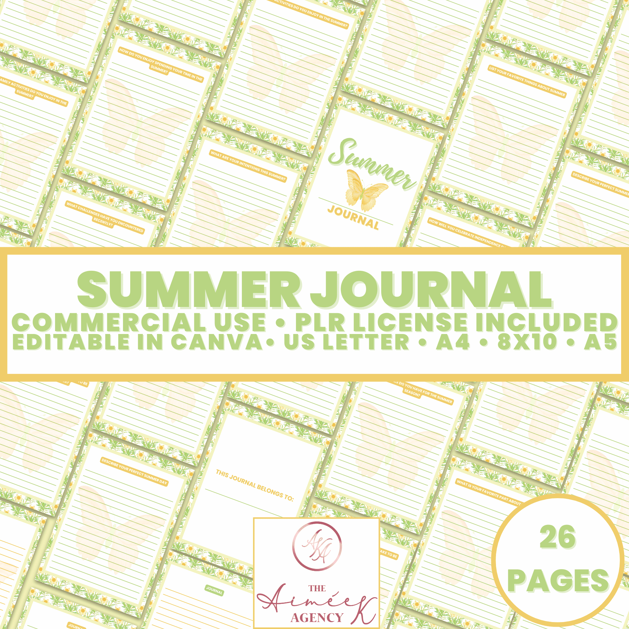 Image of a digital product titled "Summer Journal" with 26 pages. It includes commercial use rights, PLR license, and is editable in Canva. Available in US Letter, A4, 8x10, and A5 sizes.