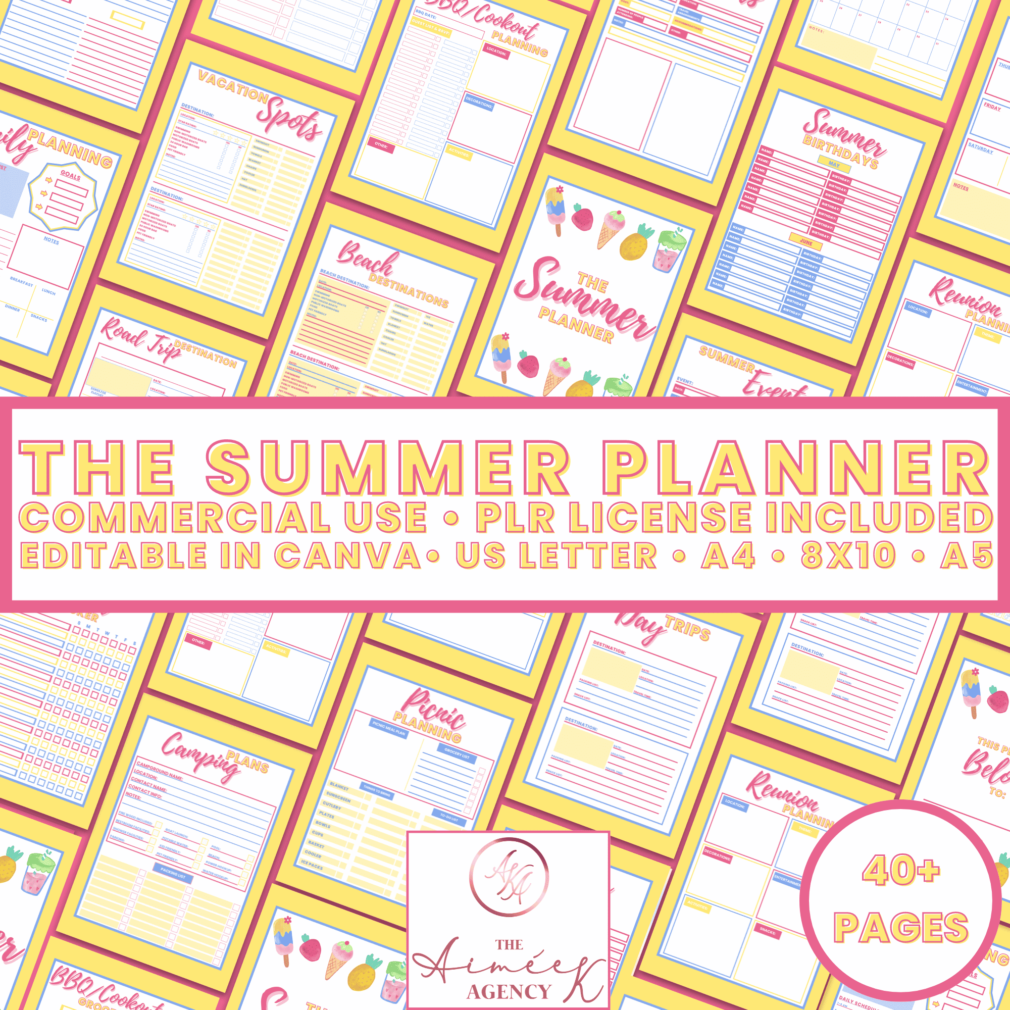A promotional image for "The Summer Planner" showing various planner pages with text stating commercial use, PLR license included, editable in Canva, available in US Letter, A4, 8x10, and A5 sizes.