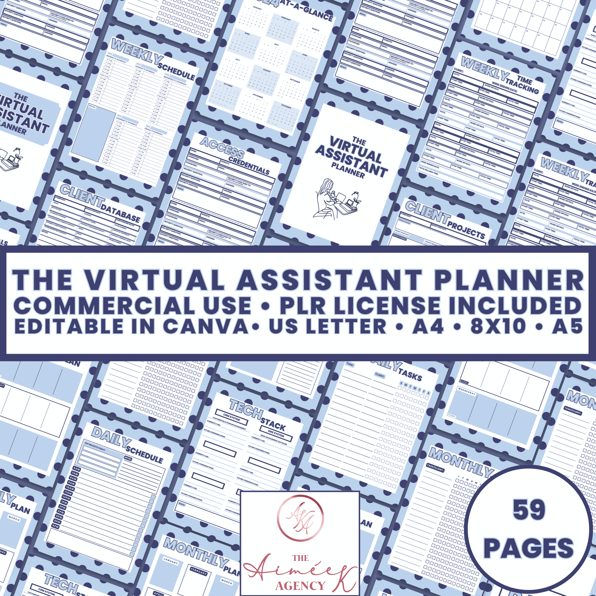 A collection of virtual assistant planner pages with text describing commercial use, PLR license included, editable in Canva, available in US Letter, A4, and 8x10 sizes, totaling 59 pages.