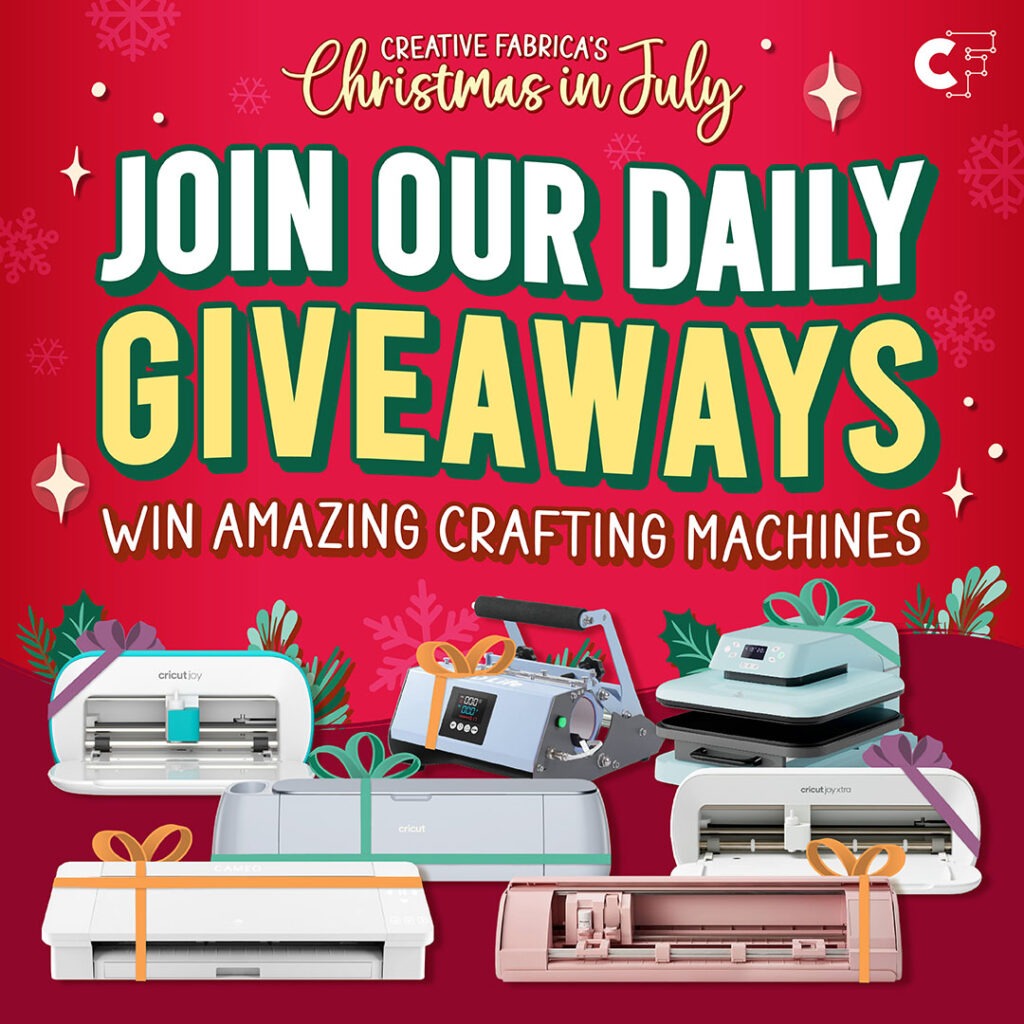 Illustrated holiday-themed advertisement for "Creative Fabrica's Christmas in July," promoting daily giveaways of various crafting machines, including cutting and embossing devices. Creative Fabrica July 1-31 2024