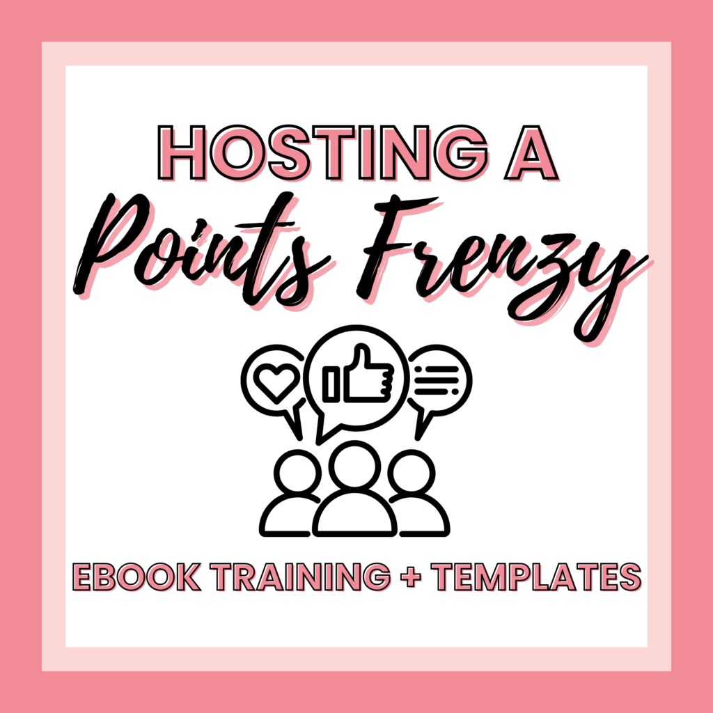 Hosting a Points Frenzy" ebook training and templates cover image with icon of people and social icons. White background with pink frame. Perfect for anyone diving into digital training or exploring new digital products.