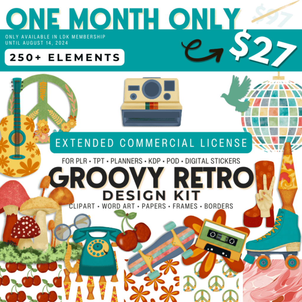 Brand New limitless design kit released from oasis lane, Groovy Retro Design Kit with graphics that offer master resell rights for only $27 available until the 15th of next month