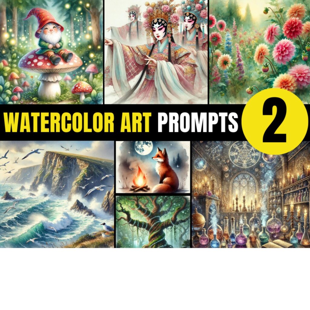 Watercolor art prompts Version 2 from Daniele Melandri, 300 ready to use AI prompts, only $9.95 until July 27th 2024
