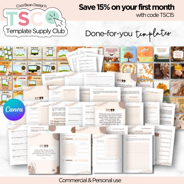 Template Supply Club offering 15% off the first month with code TSC15 Done-for-you templaces each month with commercial and personal use from Cool Bean Design