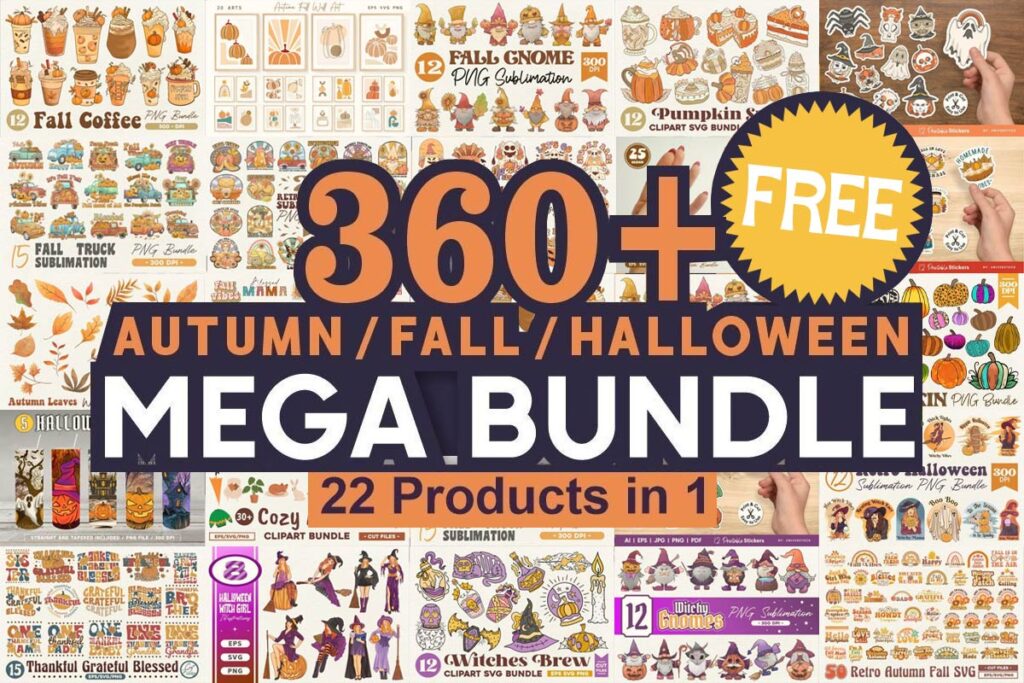 Promotional image for a "360+ Free Autumn/Fall/Halloween Mega Bundle" featuring 22 products, with various fall-themed graphics displayed in the background.