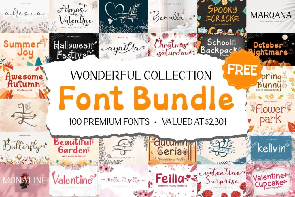 Promotional image for a font bundle featuring various themed fonts, highlighting "Wonderful Collection Font Bundle" with 100 premium fonts valued at $2,301 and a "Free" sticker.