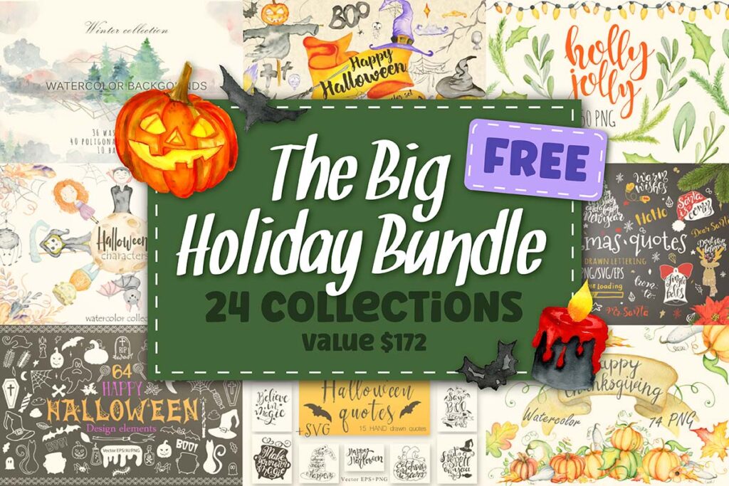 Holiday-themed graphic promoting "The Big Holiday Bundle" with 24 collections valued at $172. Includes Halloween and Thanksgiving designs. Orange pumpkin and candle illustrations are featured.