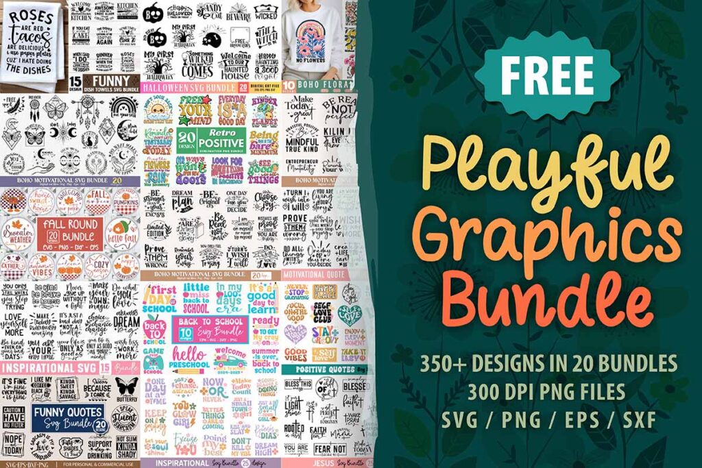 Collage of graphic design previews and text promoting a free playful graphics bundle with over 350 designs in 20 bundles, available in multiple file formats.