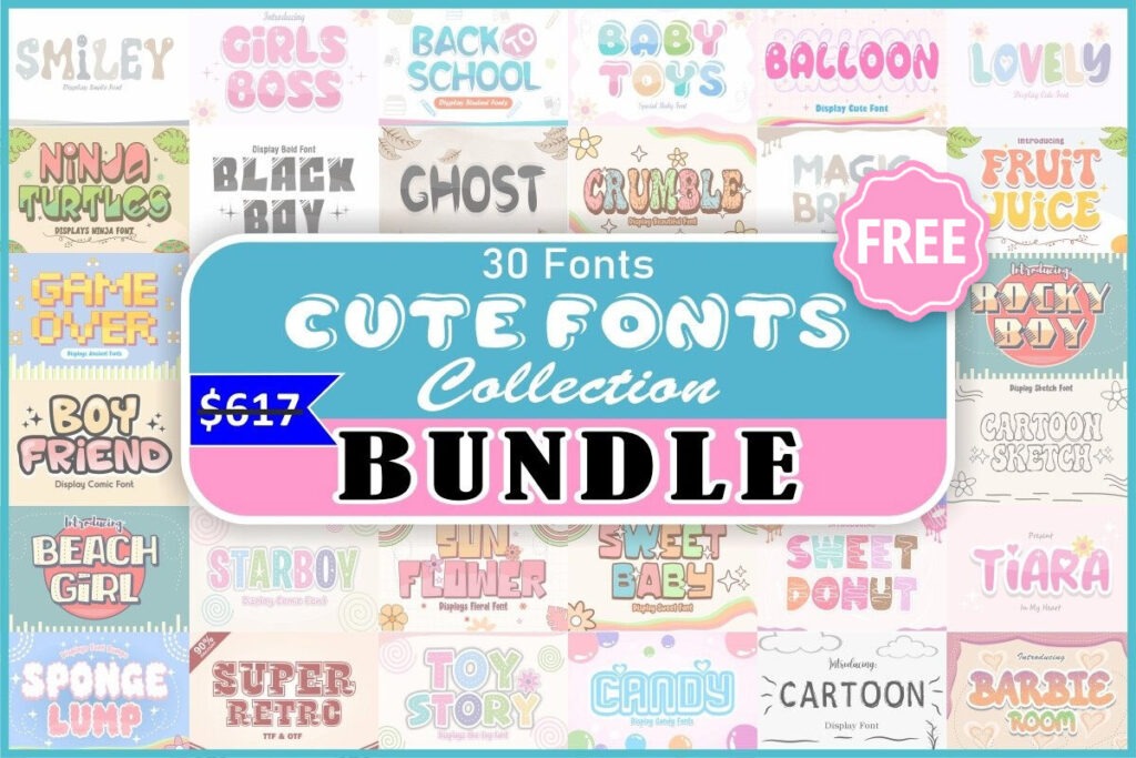 Promotional image for a "Cute Fonts Collection" bundle, featuring 30 font styles with a price reduction from $17 to free. Background shows various font samples in playful designs.