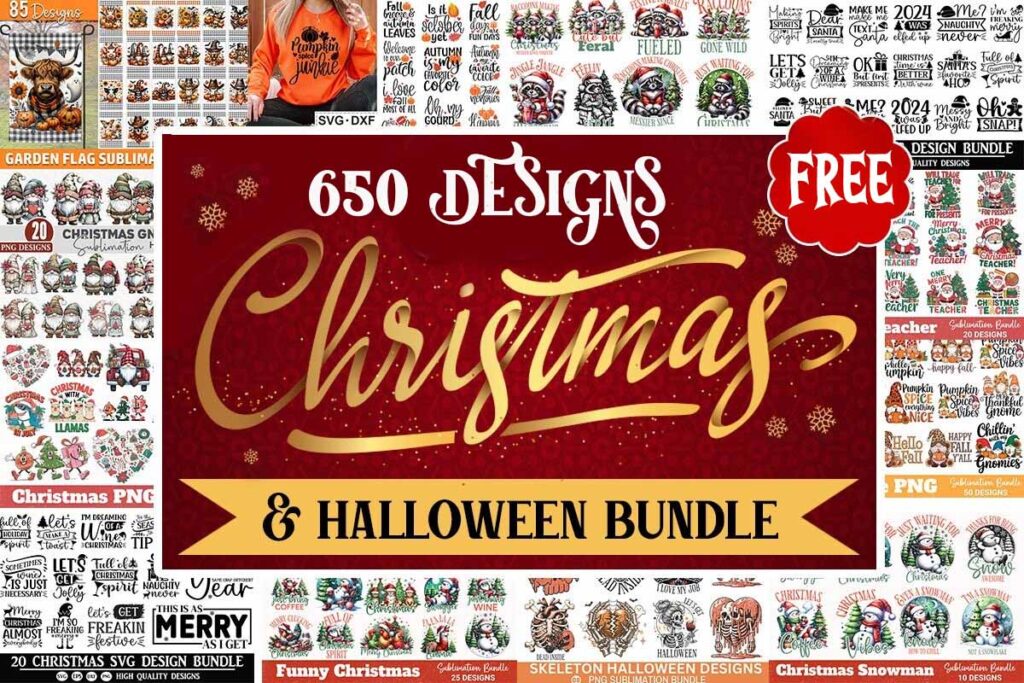 Promotional image displaying a "650 Designs Christmas & Halloween Bundle," featuring various festive design thumbnails and a "Free" label.