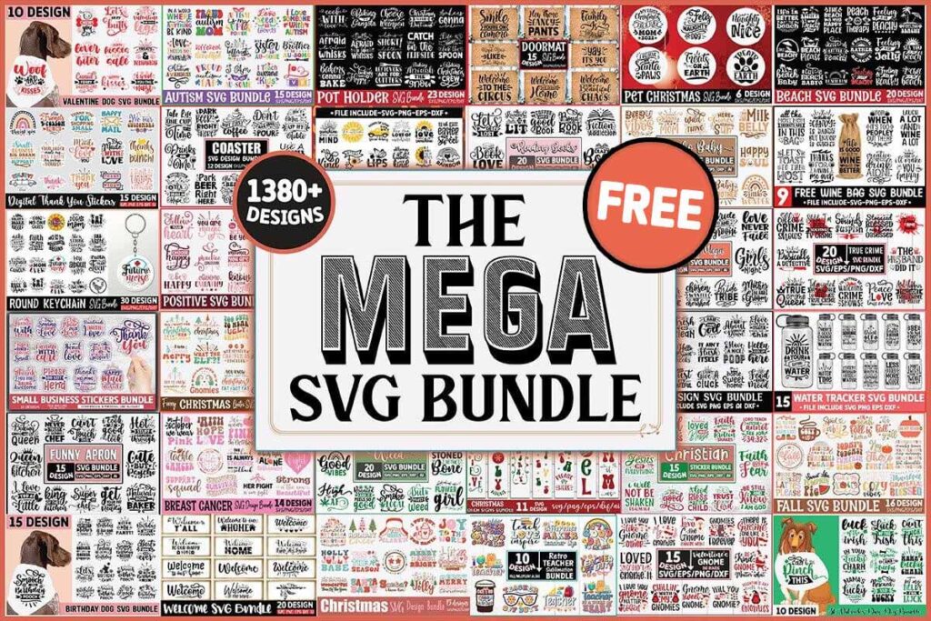 Collage of various SVG design bundles with the text "The Mega SVG Bundle" in the center and "Free" printed beside it.