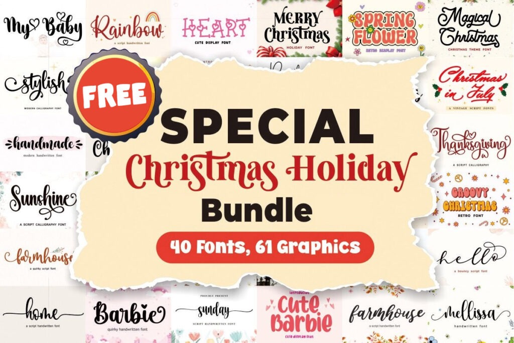 Advertisement for a "Special Christmas Holiday Bundle" includes 40 fonts and 61 graphics, with various festive designs and a "FREE" label.