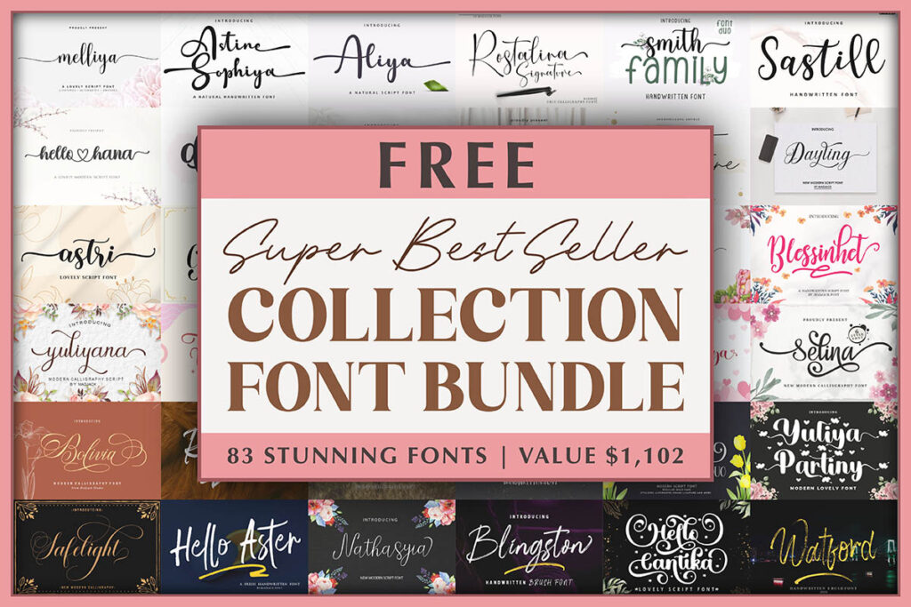 A promotional image for a free font bundle featuring 83 fonts, valued at $1,102, with various decorative designs displayed in the background.