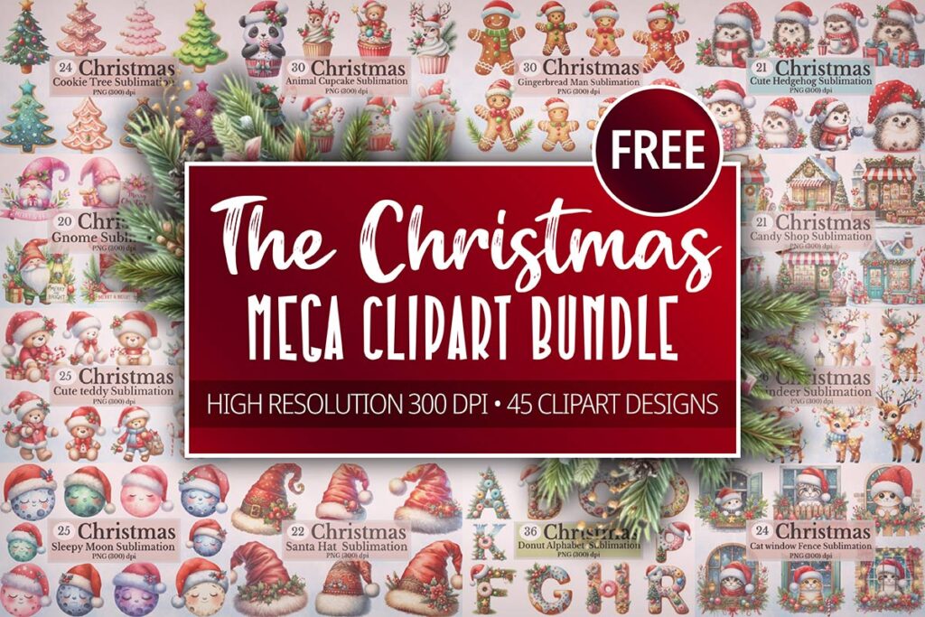 Christmas clipart bundle advertisement with 45 festive designs, featuring various holiday-themed characters and items, surrounded by greenery.