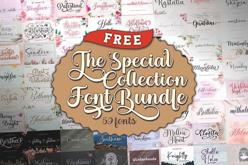 Free Special Collection Font Bundle" text on a decorative badge, surrounded by a collage of various font styles.