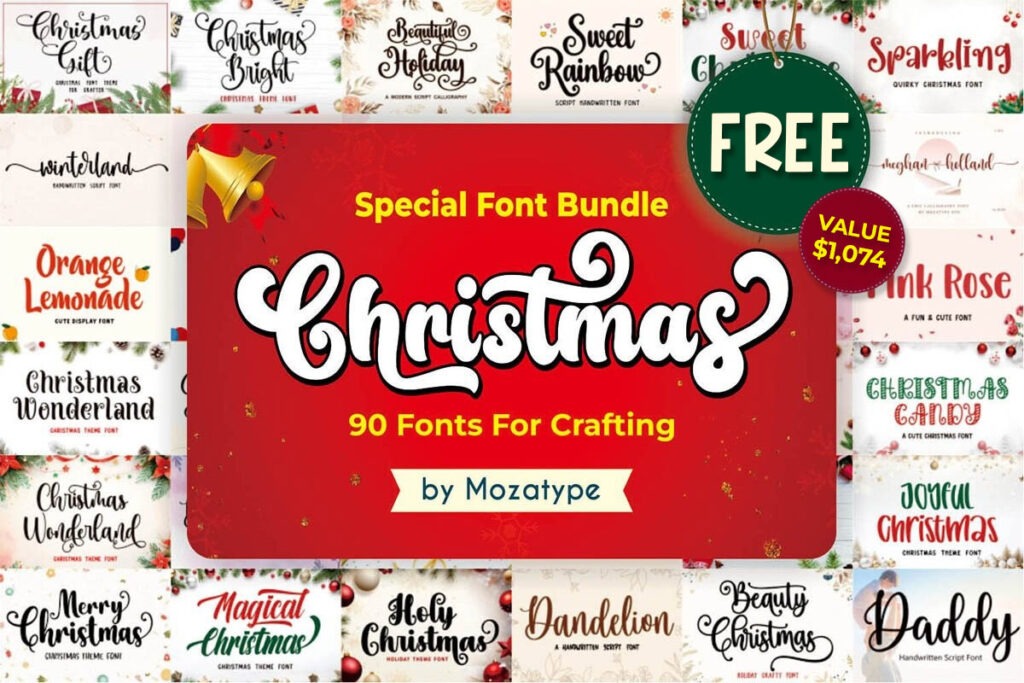 Christmas Special Font Bundle" banner with various festive font names and a "FREE" label.