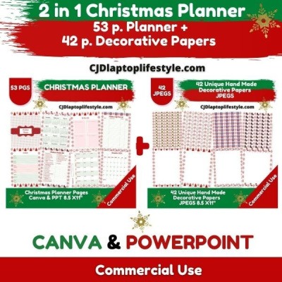 Promotional image for a "2 in 1 Christmas Planner," featuring 53-page planner and 42 decorative papers, available for Canva and PowerPoint. Commercial use permitted.