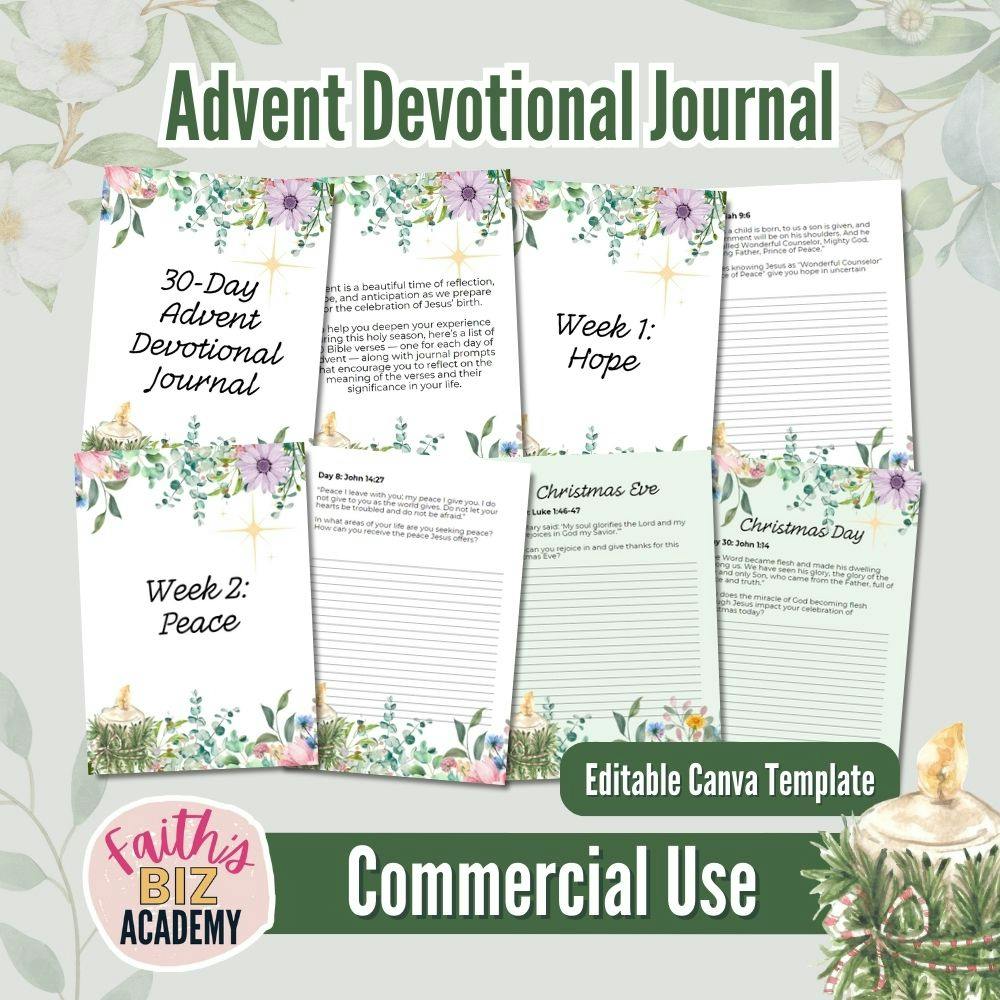 Advent Devotional Journal template with sections for each week, featuring floral designs. Includes themes: Week 1 - Hope, Week 2 - Peace, and a section for Christmas Day reflections.