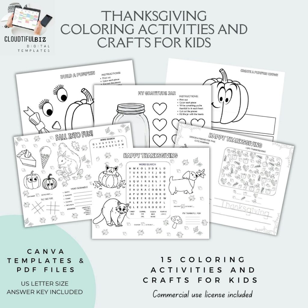 Thanksgiving Coloring Activities and Crafts for Kids from Cloudtiful, only $15, regular $25, use coupon code thanks24 until october 30th 2024