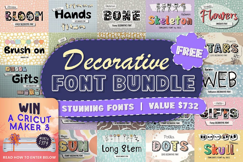 A colorful promotional image for a free decorative font bundle, showcasing various fonts like "Bloom," "Hands," and "Skeleton," with a prize offer to win a Cricut Maker 3, valued at $379.