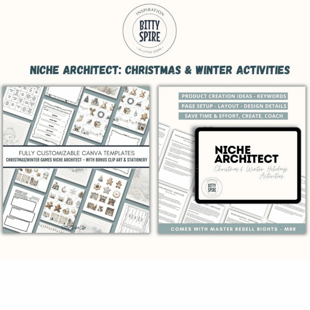 Niche Architect: Christmas & Winter Activities package showcasing customizable Canva templates, product ideas, and tools for creation, editing, layout, and design.