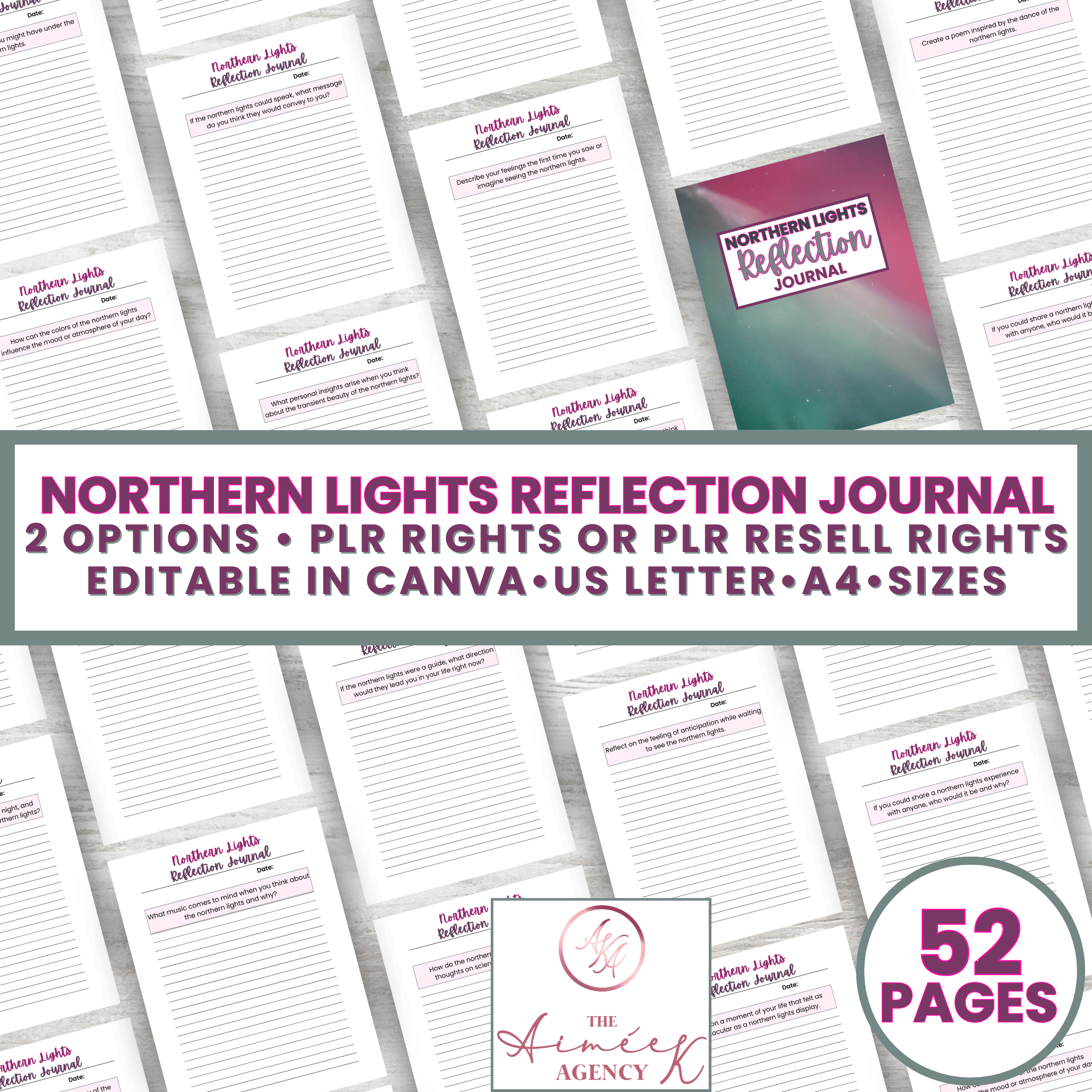 Collage of journal pages titled "Northern Lights Reflection Journal" with options for PLR or resell rights. Editable in Canva, available in US Letter and A4 sizes, total 52 pages.