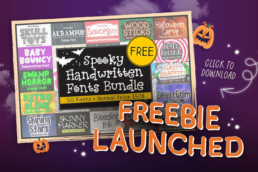 Promotional image for a "Spooky Handwritten Fonts Bundle" offering 50 fonts for free. Features Halloween-themed graphics like pumpkins and text urging users to click to download.